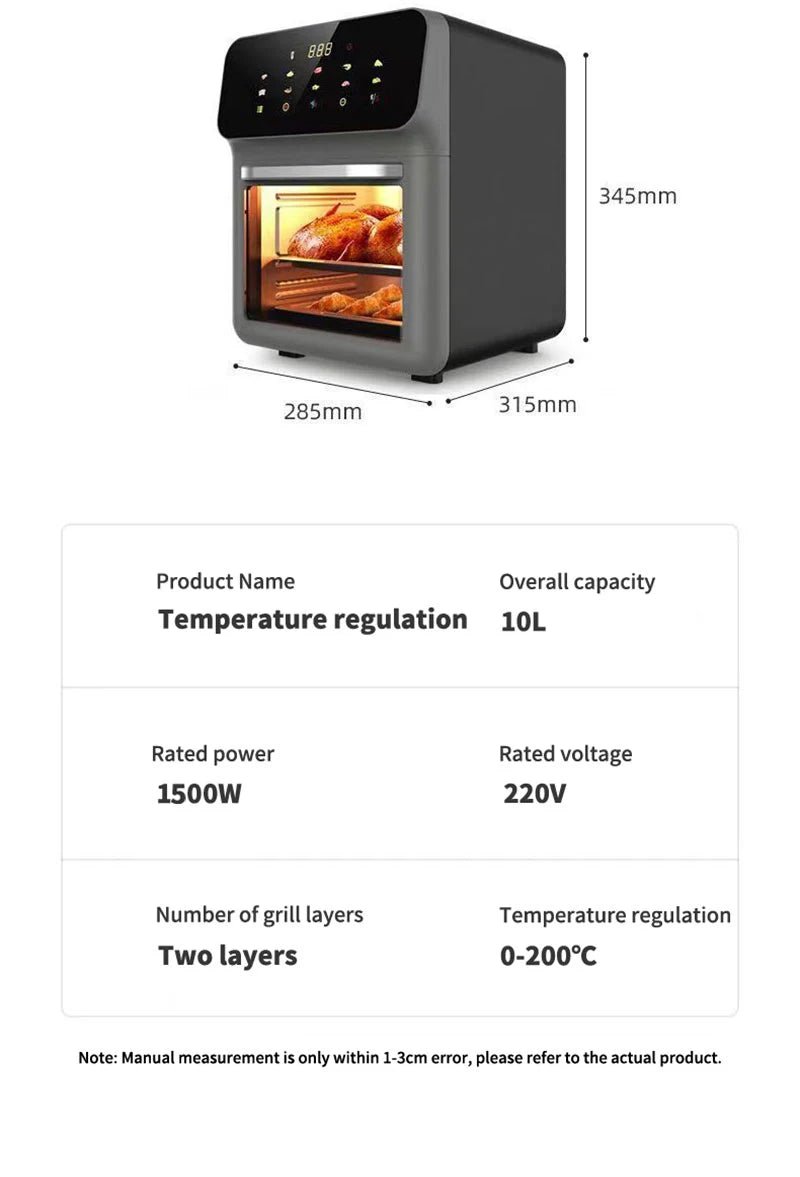 Large Capacity 10L Electric Air Fryer Oil-free Automatic Household Kitchen 360°Baking Convection Oven Deep Fryer without Oil