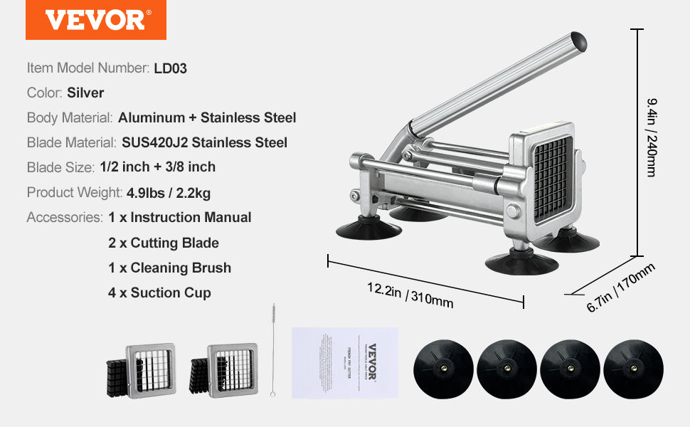 Stainless Steel French Fry Cutter Potato Slicer Vegetable Carrot Cucumber Tool for Perfectly Cut French Fries