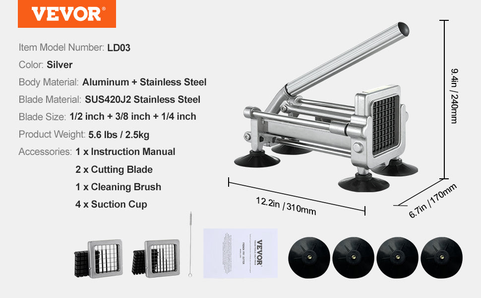 Stainless Steel French Fry Cutter Potato Slicer Vegetable Carrot Cucumber Tool for Perfectly Cut French Fries